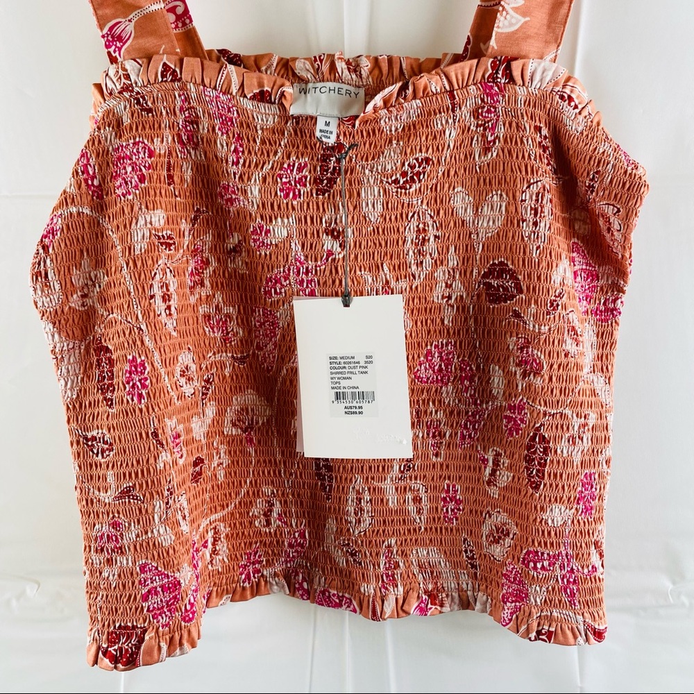 Witchery Pink Floral Shirred Frill Trim Square Neckline Cropped Tank Top Size XL - Picture 6 of 14